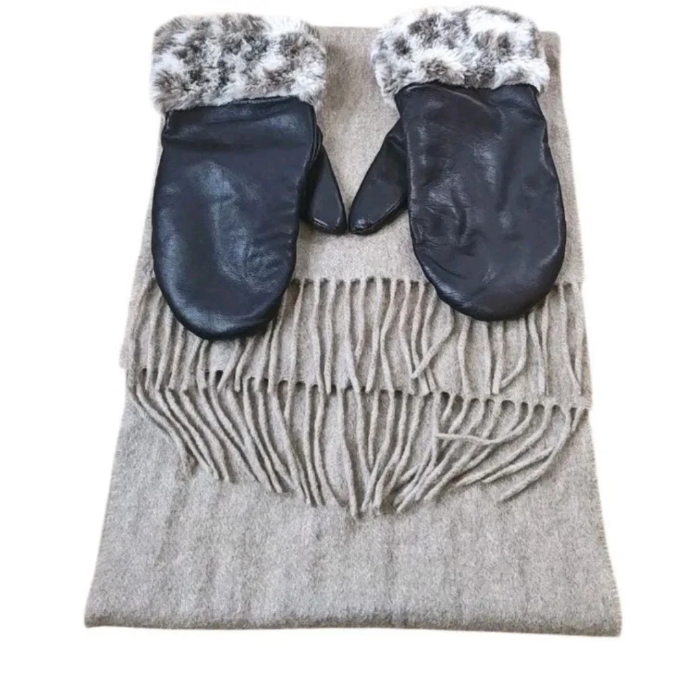 Lands End Cashmere Cuffs Leather Gloves Mittens Size Sm Med Fringed Scarf Beige